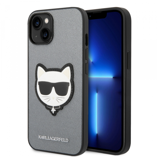 Husa pentru Apple iPhone 14 Plus, Karl Lagerfeld, Saffiano Choupette\'s Head, Argintie