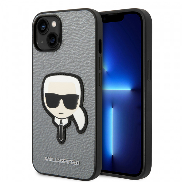 Husa pentru Apple iPhone 14 Plus, Karl Lagerfeld, Saffiano Karl\'s Head, Argintie