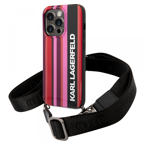 Husa pentru Apple iPhone 14 Pro, Karl Lagerfeld, Color Stripes with Strap, Roz