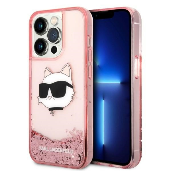 Husa pentru Apple iPhone 14 Pro, Karl Lagerfeld, Glitter Choupette\'s Head, Roz