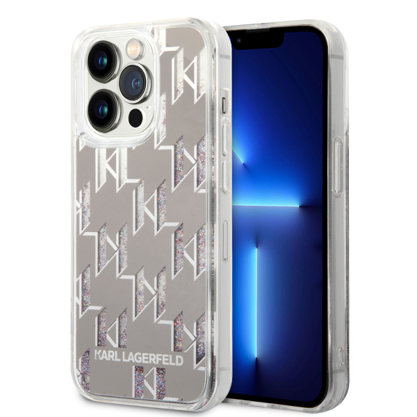 Husa pentru Apple iPhone 14 Pro, Karl Lagerfeld, Liquid Glitter Monogram, Argintie