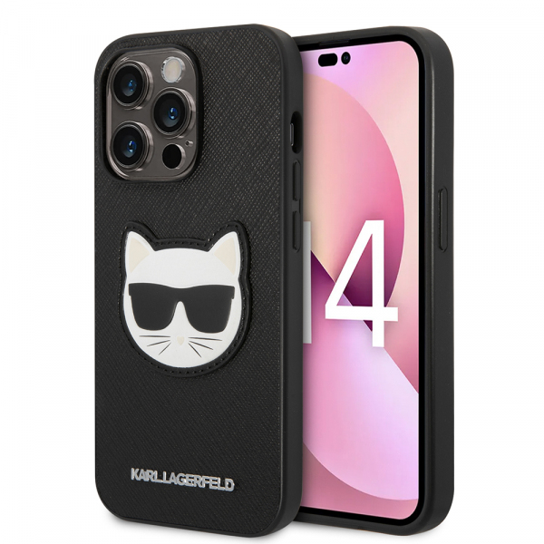Husa pentru Apple iPhone 14 Pro, Karl Lagerfeld, Saffiano Choupette\'s Head, Neagra