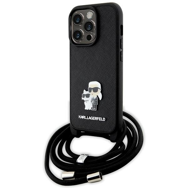 Husa pentru Apple iPhone 14 Pro, Karl Lagerfeld, Saffiano Crossbody Metal Pin Karl & Choupette, Neagra