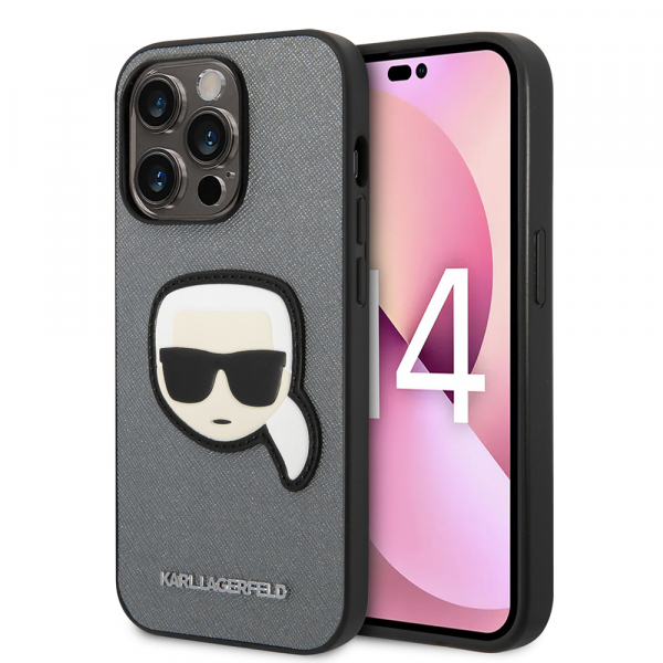Husa pentru Apple iPhone 14 Pro, Karl Lagerfeld, Saffiano Karl\'s Head, Argintie