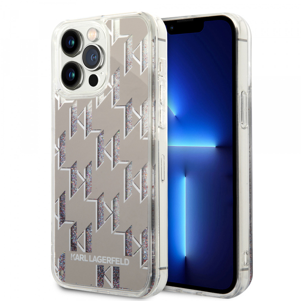Husa pentru Apple iPhone 14 Pro Max, Karl Lagerfeld, Liquid Glitter Monogram, Argintie