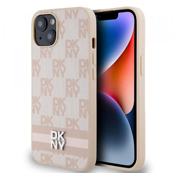 Husa pentru Apple iPhone 15, DKNY, Checkered Mono Pattern & Printed Stripes, Roz