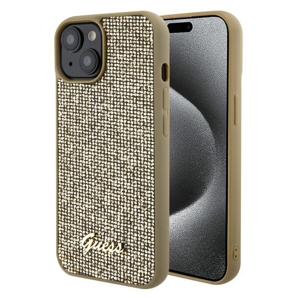 Husa pentru Apple iPhone 15, Guess, Disco Metal Script, Aurie