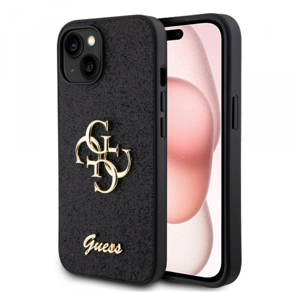 Husa pentru Apple iPhone 15, Guess, Glitter Big 4G Script, Neagra