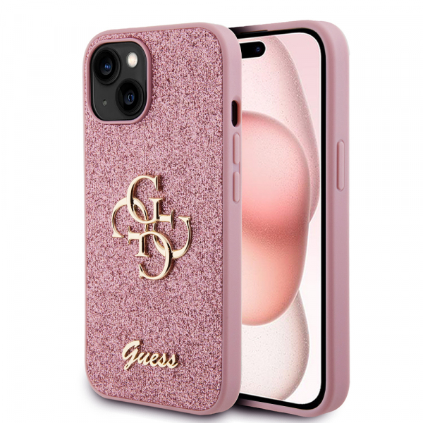 Husa pentru Apple iPhone 15, Guess, Glitter Big 4G Script, Roz