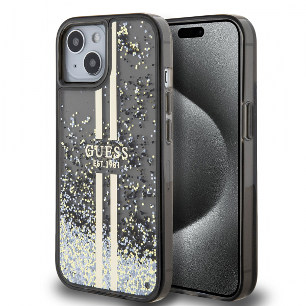 Husa pentru Apple iPhone 15, Guess, Liquid Glitter Gold Stripes, Neagra