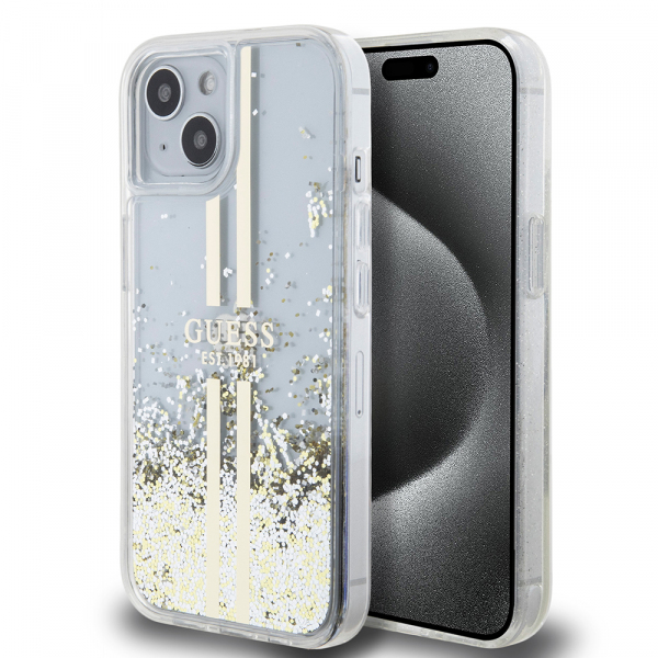 Husa pentru Apple iPhone 15, Guess, Liquid Glitter Gold Stripes, Transparenta
