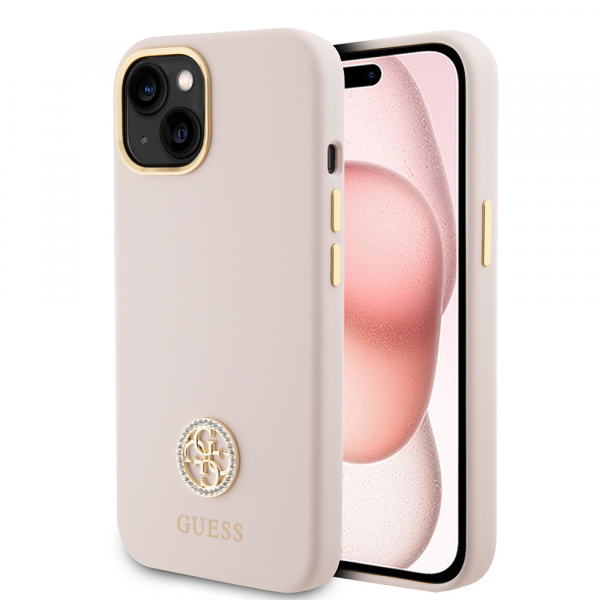 Husa pentru Apple iPhone 15, Guess, Logo Strass 4G, Roz Deschis