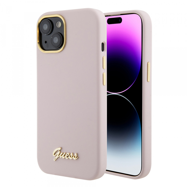 Husa pentru Apple iPhone 15, Guess, Script Metal Logo & Frame, Roz Deschis