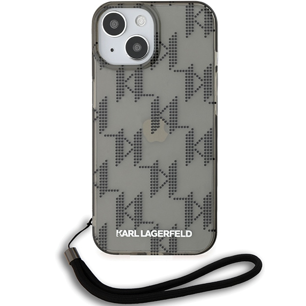 Husa pentru Apple iPhone 15, Karl Lagerfeld, IML Luxury Monogram KL Pattern with Strap, Neagra