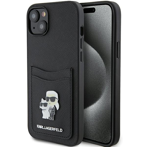 Husa pentru Apple iPhone 15, Karl Lagerfeld, Saffiano Card Slot Metal Karl & Choupette, Neagra