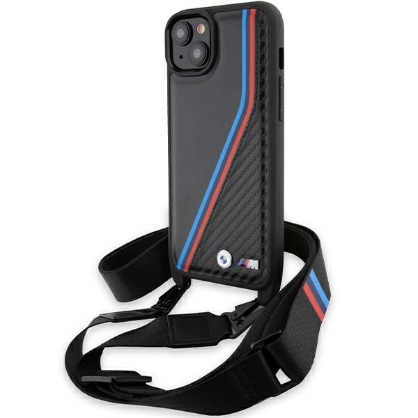 Husa pentru Apple iPhone 15 Plus, BMW, M Edition Carbon Tricolor Lines & Strap, Neagra