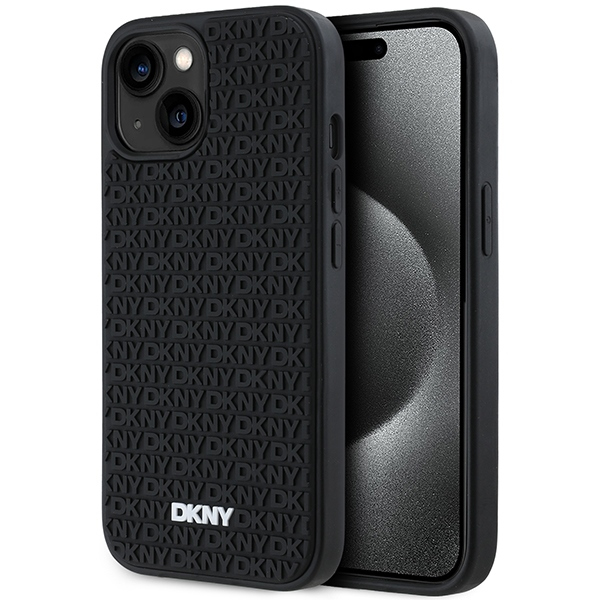 Husa pentru Apple iPhone 15 Plus, DKNY, 3D Rubber Repeat Pattern, Neagra
