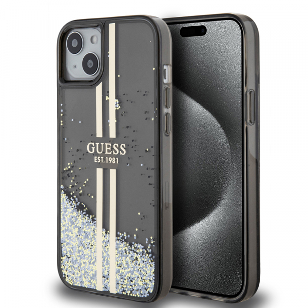 Husa pentru Apple iPhone 15 Plus, Guess, Liquid Glitter Gold Stripes, Neagra