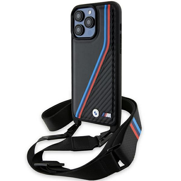 Husa pentru Apple iPhone 15 Pro, BMW, M Edition Carbon Tricolor Lines & Strap, Neagra