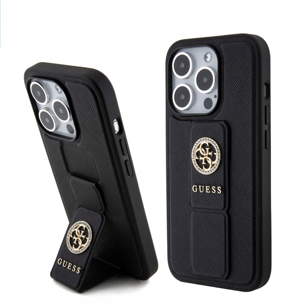 Husa pentru Apple iPhone 15 Pro, Guess, Grip Stand 4G Saffiano Strass, Neagra