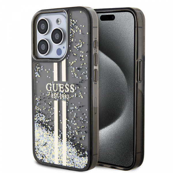 Husa pentru Apple iPhone 15 Pro, Guess, Liquid Glitter Gold Stripe, Neagra