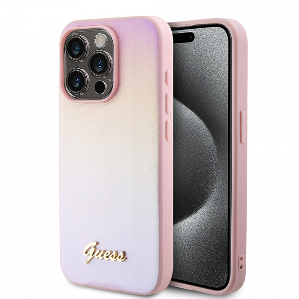 Husa pentru Apple iPhone 15 Pro, Guess, Saffiano Iridescent Script, Roz