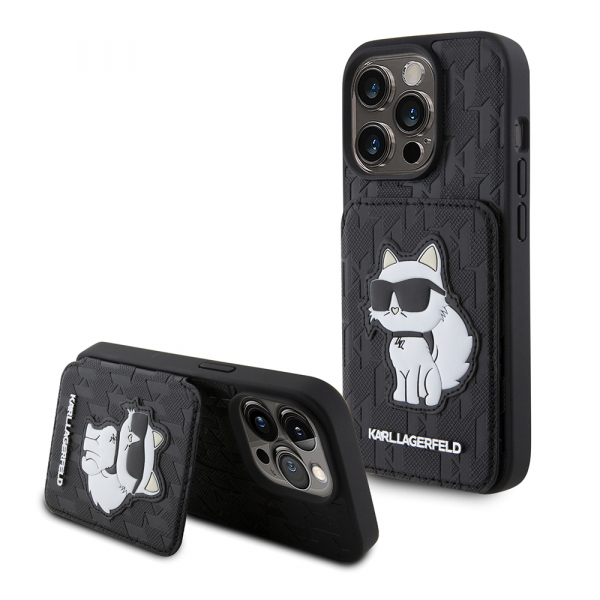 Husa pentru Apple iPhone 15 Pro, Karl Lagerfeld, Saffiano Cardslots and Stand Monogram Choupette, Neagra