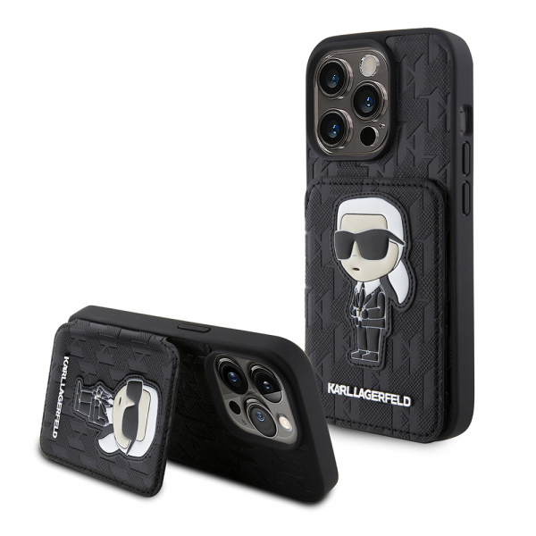 Husa pentru Apple iPhone 15 Pro, Karl Lagerfeld, Saffiano Cardslots and Stand Monogram Ikonik Karl, Neagra