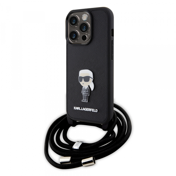 Husa pentru Apple iPhone 15 Pro, Karl Lagerfeld, Saffiano Crossbody Monogram Metal Pin Karl, Neagra