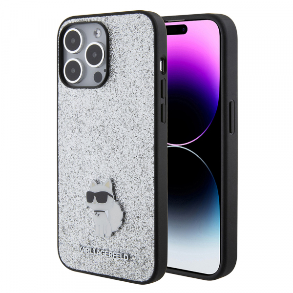 Husa pentru Apple iPhone 15 Pro Max, Karl Lagerfeld, Glitter Fixed Choupette Logo, Argintie