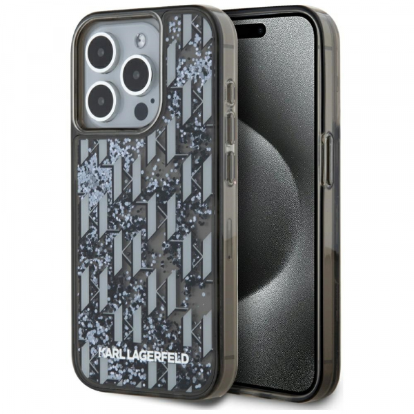 Husa pentru Apple iPhone 15 Pro Max, Karl Lagerfeld, Liquid Glitter Monogram, Neagra