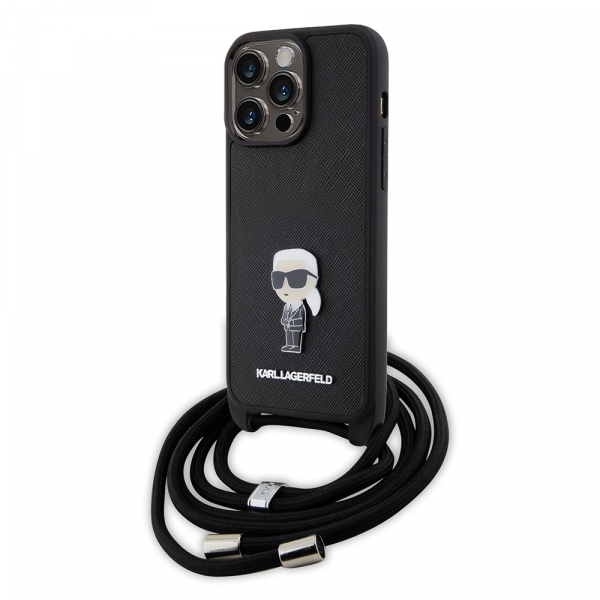 Husa pentru Apple iPhone 15 Pro Max, Karl Lagerfeld, Saffiano Crossbody Monogram Metal Pin Karl, Neagra