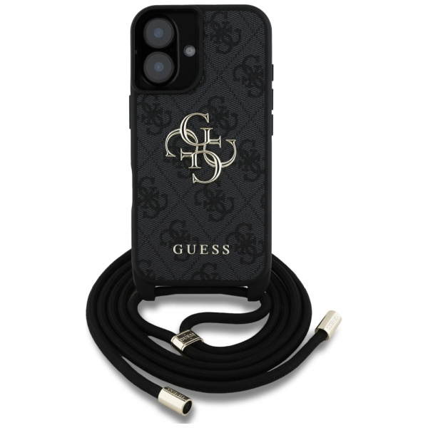 Husa pentru Apple iPhone 16, Guess, 4G CBDY Big Logo with Cord Strap, Neagra