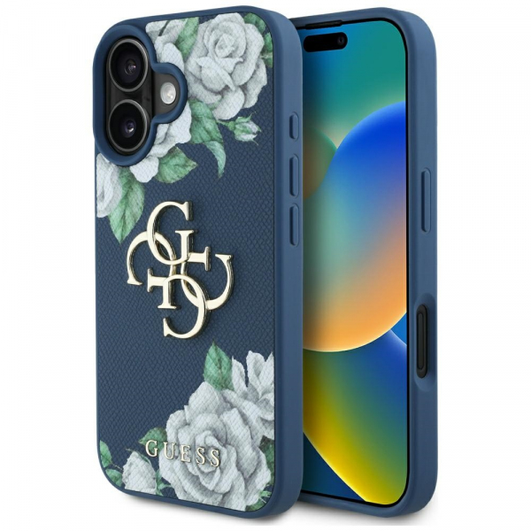 Husa pentru Apple iPhone 16, Guess, 4G Grained Roses Big Logo, Albastra