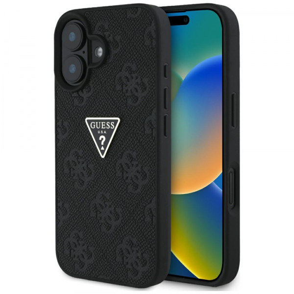 Husa pentru Apple iPhone 16, Guess, Hot Stamp 4G Pattern Triangle Logo, Neagra