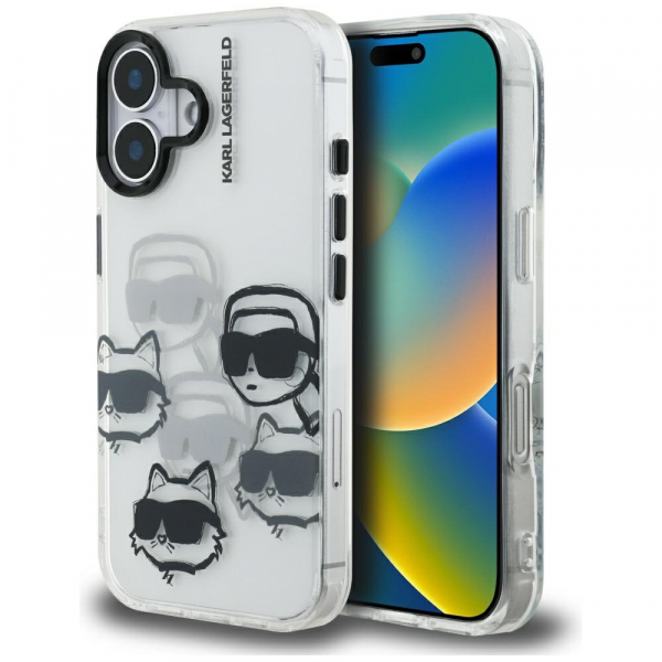 Husa pentru Apple iPhone 16, Karl Lagerfeld, IML Luxury Multi Head Pattern, Transparenta