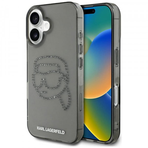 Husa pentru Apple iPhone 16, Karl Lagerfeld, IML Rhinestones Karl\'s Head, Neagra