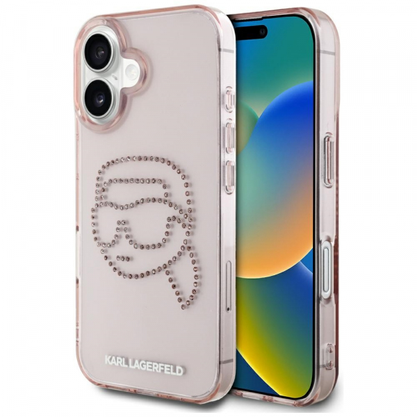 Husa pentru Apple iPhone 16, Karl Lagerfeld, IML Rhinestones Karl\'s Head, Roz
