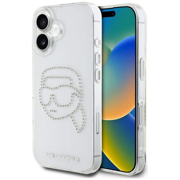 Husa pentru Apple iPhone 16, Karl Lagerfeld, IML Rhinestones Karl\'s Head, Transparenta