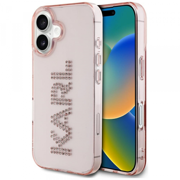 Husa pentru Apple iPhone 16, Karl Lagerfeld, IML Rhinestones Pink Logo, Roz