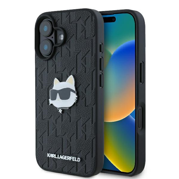 Husa pentru Apple iPhone 16, Karl Lagerfeld, Monogram Choupette\'s Head, Neagra