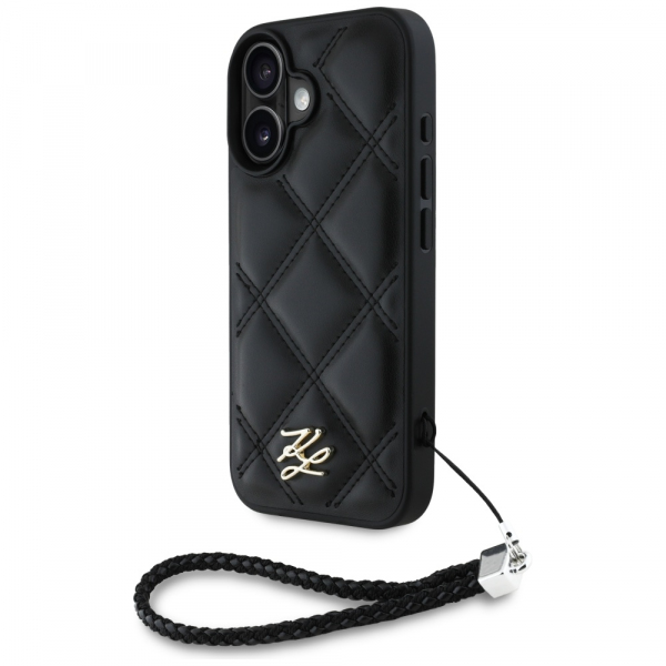 Husa pentru Apple iPhone 16, Karl Lagerfeld, Quilted Initial Logo & Chain Strap, Neagra