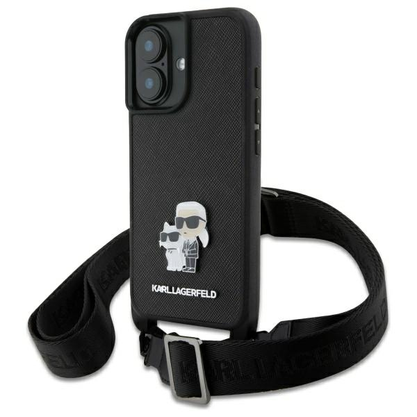 Husa pentru Apple iPhone 16, Karl Lagerfeld, Saffiano Crossbody Metal Pin Karl & Choupette, Alba