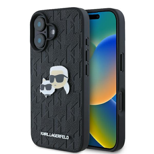 Husa pentru Apple iPhone 16 Plus, Karl Lagerfeld, Monogram Karl & Choupette\'s Heads, Neagra
