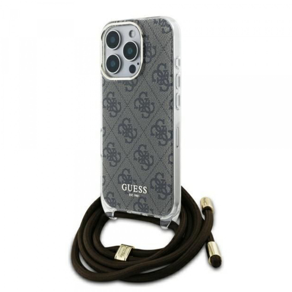 Husa pentru Apple iPhone 16 Pro, Guess, Crossbody Cord 4G Print, Maro
