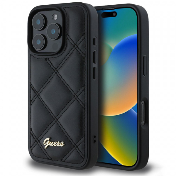 Husa pentru Apple iPhone 16 Pro, Guess, Quilted Metal Logo, Neagra