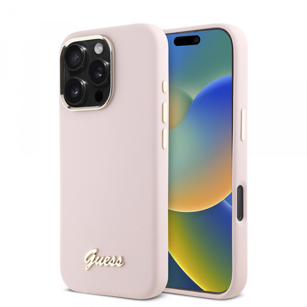 Husa pentru Apple iPhone 16 Pro, Guess, Script Metal Logo & Frame, Roz