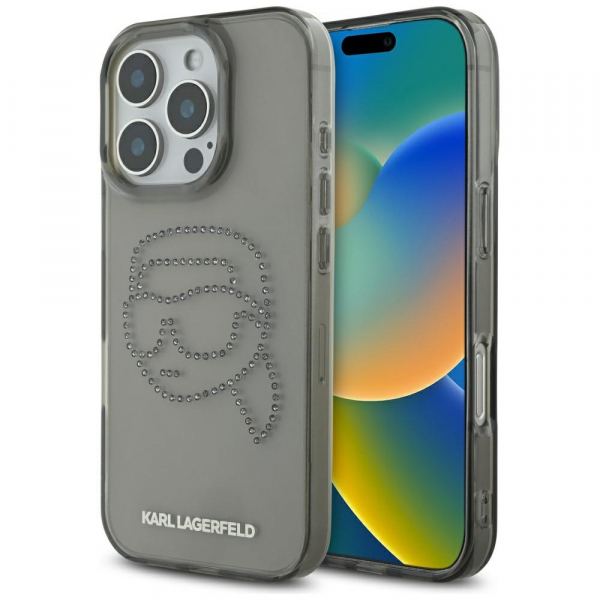 Husa pentru Apple iPhone 16 Pro, Karl Lagerfeld, IML Rhinestones Karl\'s Head, Neagra