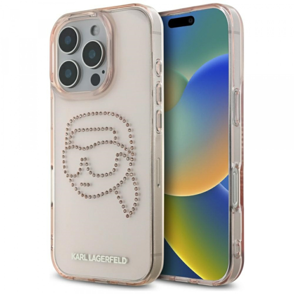 Husa pentru Apple iPhone 16 Pro, Karl Lagerfeld, IML Rhinestones Karl\'s Head, Roz
