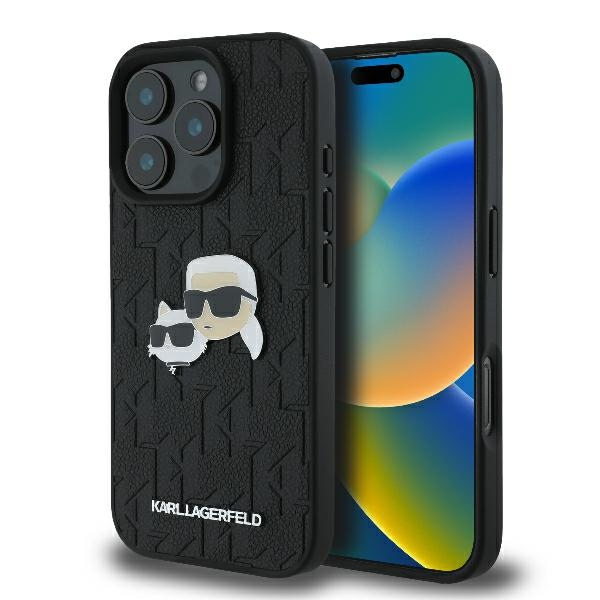 Husa pentru Apple iPhone 16 Pro, Karl Lagerfeld, Monogram Karl & Choupette\'s Heads, Neagra